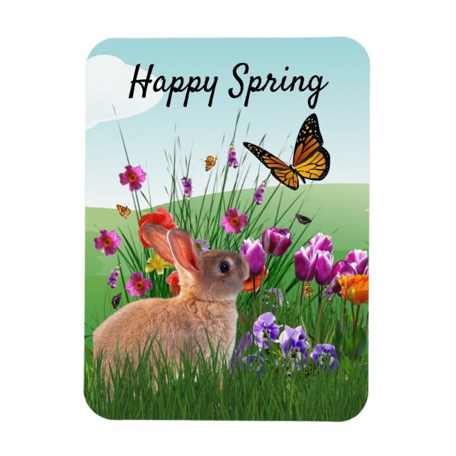 Imán Feliz Conejo de Conejo de Primavera en Jardín de F (Vertical)