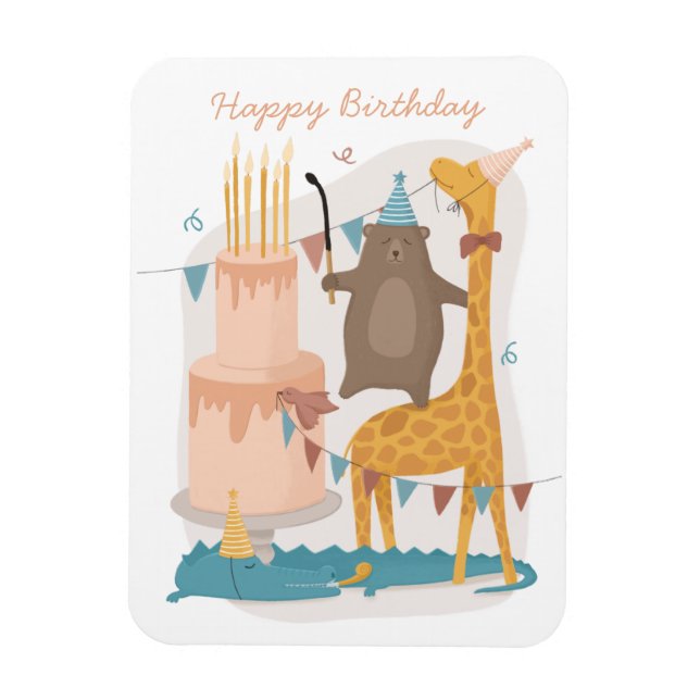 Imán Feliz cumpleaños. Animales bonitos. Girafa de oso  (Vertical)