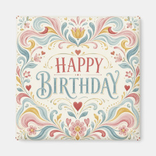 Imán Feliz Cumpleaños Arte Popular Escandinavo Florales