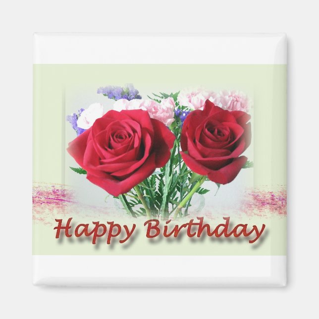 Imán Feliz cumpleaños diseño floral de rosas rojas (Frente)
