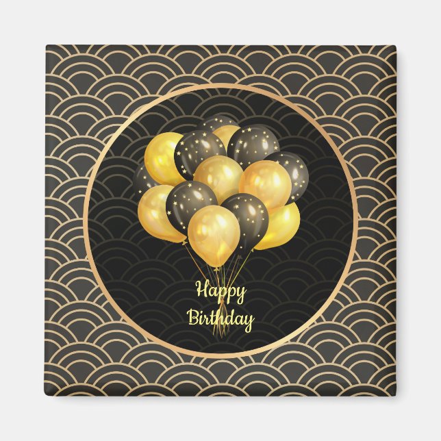 Imán Feliz cumpleaños, elegante negro y oro, (Frente)