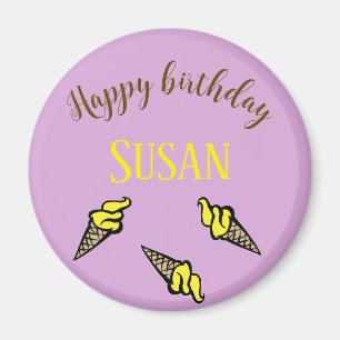 Imán Feliz cumpleaños, helado amarillo en morado