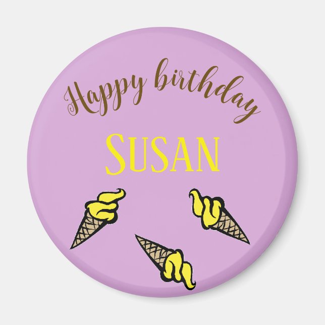 Imán Feliz cumpleaños, helado amarillo en morado (Frente)