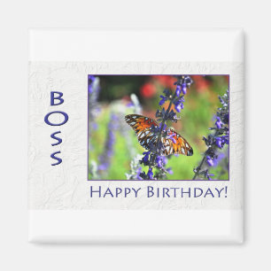 Imán Feliz cumpleaños, jefe, flores y mariposas