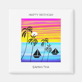 Imán Feliz cumpleaños, navegación tropical al atardecer