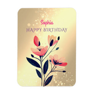 Imán Feliz cumpleaños, nombre, flores en oro