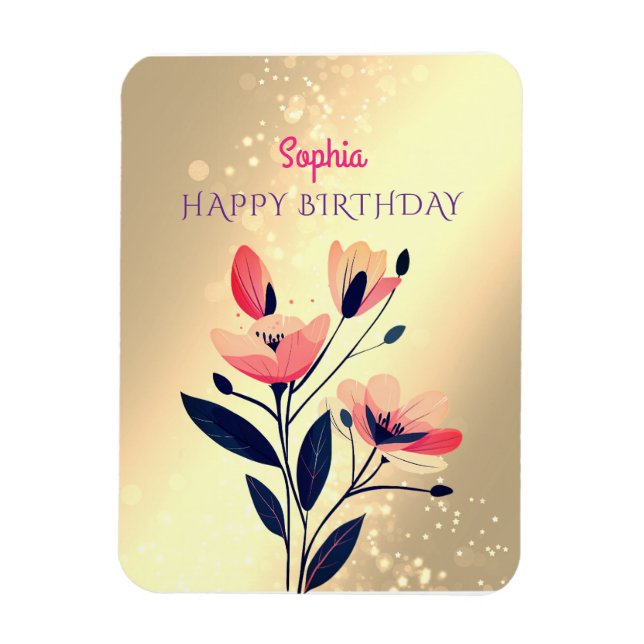 Imán Feliz cumpleaños, nombre, flores en oro (Vertical)
