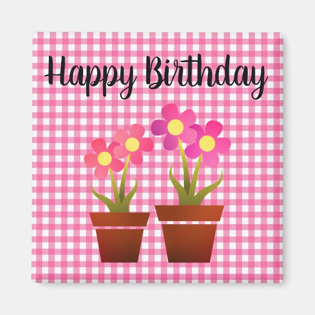 Imán Feliz cumpleaños País Pink Gingham Floral Magnet (Frente)