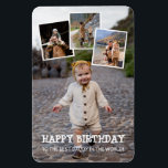 Imán Feliz cumpleaños, papá Collage de fotos<br><div class="desc">Imán de cumpleaños impreso con cuatro de tus propias fotos en un collage. Como superposición,  un original blanco peculiar que dice feliz cumpleaños y,  debajo,  puedes añadir el cumpleaños que es. Ideal para los cumpleaños de padres y abuelos.</div>