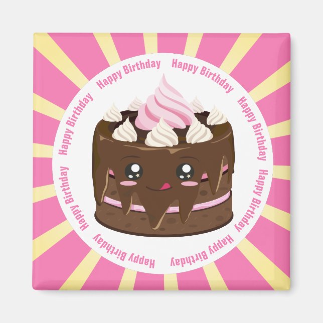 Imán Feliz cumpleaños, pastel de chocolate kawaii (Frente)