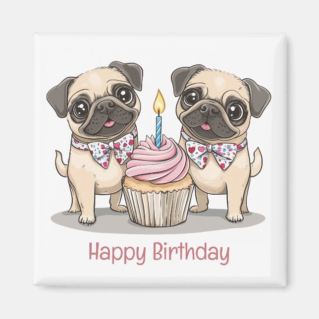 Imán Feliz cumpleaños, pastelito de perros pug (Frente)