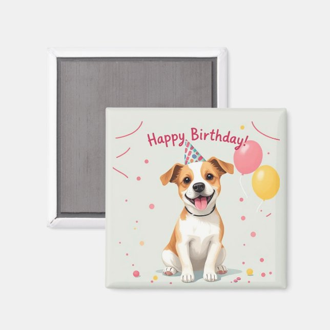 Imán Feliz Cumpleaños Perro con Sombrero de Fiesta y Gl (Anverso/Reverso)