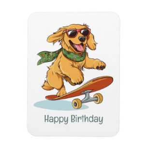 Imán Feliz Cumpleaños Perro Retriever Dorado Patinando
