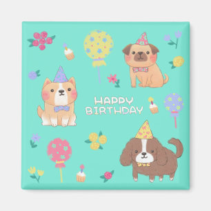 Imán Feliz cumpleaños: perros, globos y flores