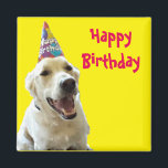 Imán Feliz Cumpleaños Personalizado<br><div class="desc">Sería difícil no sonreír con este adorable cachorro usando un gorra de cumpleaños deseándote un cumpleaños feliz.</div>