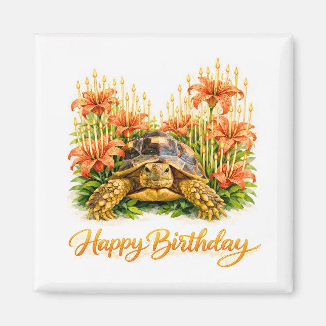 Imán Feliz Cumpleaños tortuga Sulcata con Lirios Naranj (Frente)
