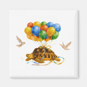 Imán Feliz cumpleaños tortuga Sulcata volando con globo