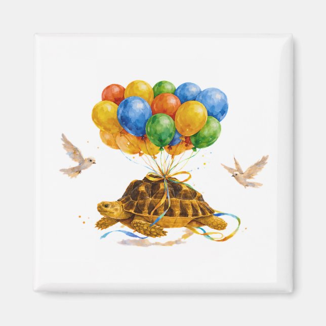Imán Feliz cumpleaños tortuga Sulcata volando con globo (Frente)