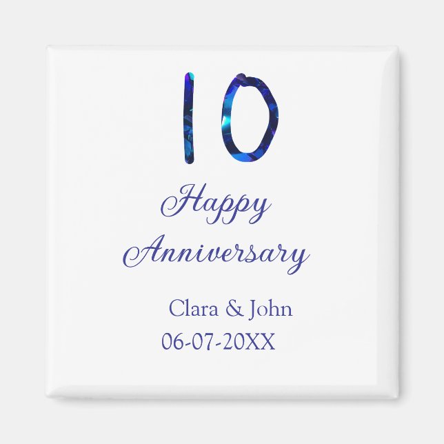 Imán Feliz décimo aniversario purpurina azul añadir fec (Frente)