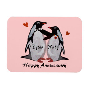 Imán feliz del amor del pingüino del aniversario