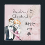 Imán Feliz desde la pareja de bodas venecianas<br><div class="desc">Un imán lindo con un estilo retro vintage, personalizado con tu nombre o nombres y texto que dice feliz para siempre. Un ilustracion elegante sobre un fondo rosado con rosas descoloridas. Ilustracion de una pareja boda en un abrazo encantador pintado con acuarelas. Moda y elegancia con un deslucido estilo antiguo....</div>