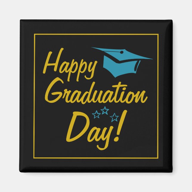 Imán Feliz Día de Graduación Black Gold Blue Script (Frente)