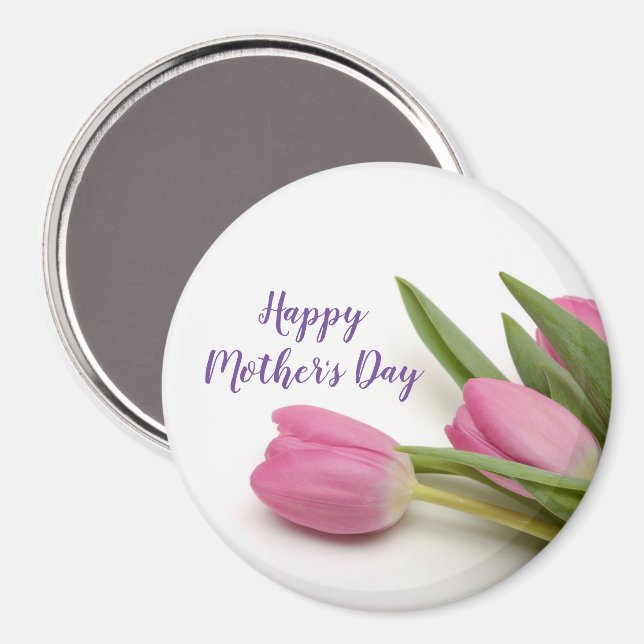 Imán Feliz Día de la Madre Guión púrpura Tulipanes rosa (Anverso/Reverso)