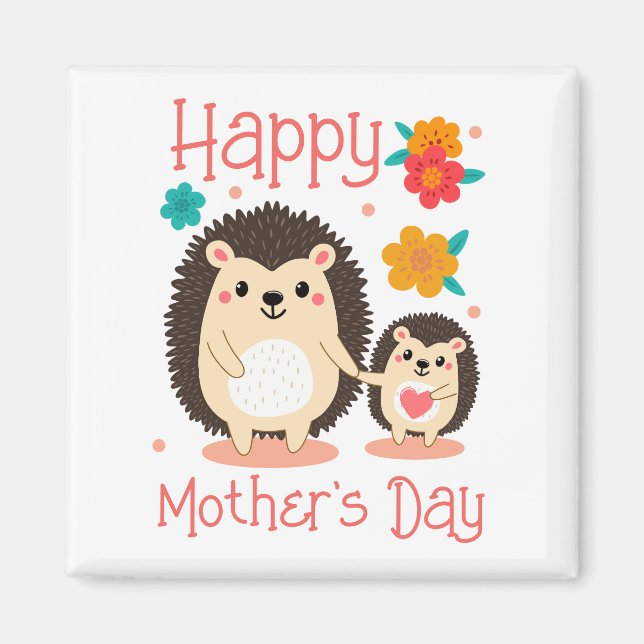 Imán Feliz Día de la Madre Mamá y Bebé Erizo (Frente)