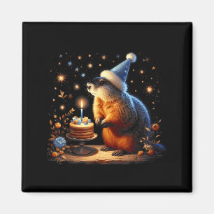 Imán Feliz Día de la Marmota con Tarta de Cumpleaños