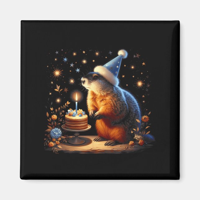 Imán Feliz Día de la Marmota con Tarta de Cumpleaños  (Frente)