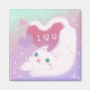 Imán Feliz día de San Valentín con gato blanco esponjos