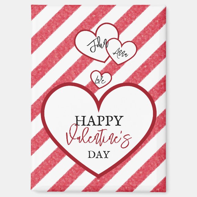 Imán Feliz día de San Valentín Corazones Rojos Franjas  (Anverso)