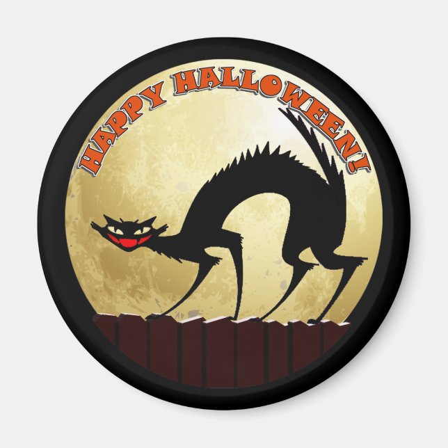 Imán Feliz gato negro de Halloween con luna llena (Frente)