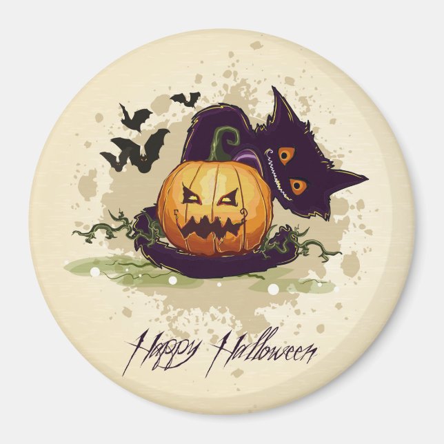 Imán Feliz Gato Negro de Halloween y Jack (Frente)