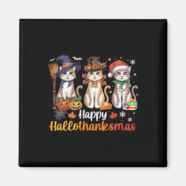 Imán Feliz Hallothanksmas gatos Halloween Día de Acción (Frente)