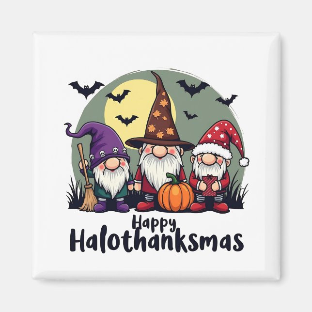 Imán Feliz Hallothanksmas Navidad Gnomes de Halloween (Frente)