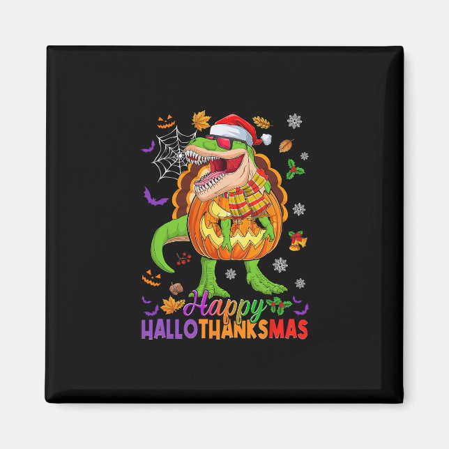 Imán Feliz Hallothanksmas T Rex Halloween Día de Acción (Frente)