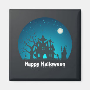 Imán Feliz Halloween azul y negro casa embrujada