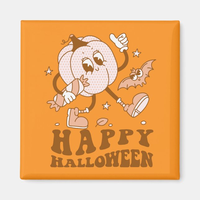 Imán Feliz Halloween| Calabaza de punto de Polka retro (Frente)