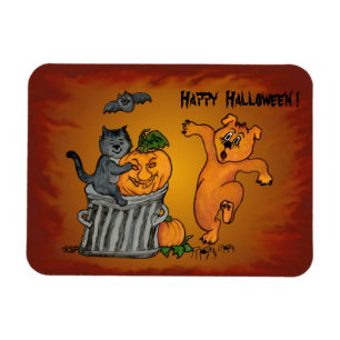 Imán Feliz Halloween con gatos, perro y araña