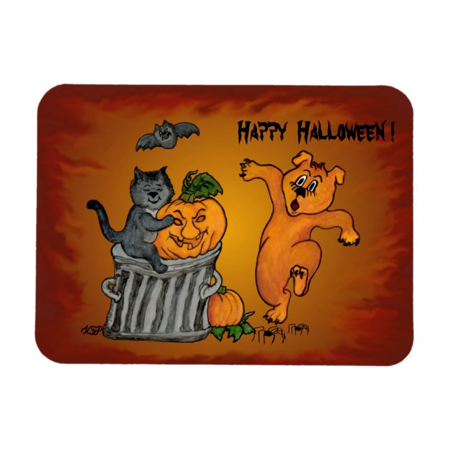 Imán Feliz Halloween con gatos, perro y araña (Horizontal)
