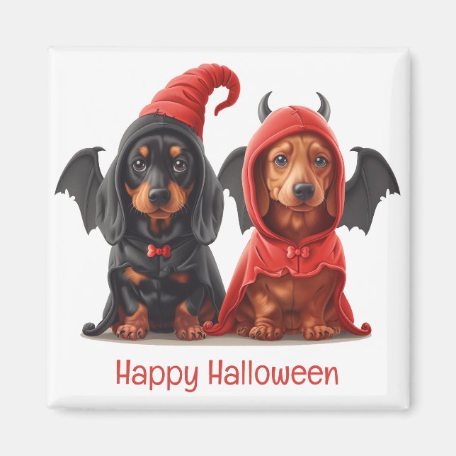 Imán Feliz Halloween Dachshund Perros Devil Bat (Frente)