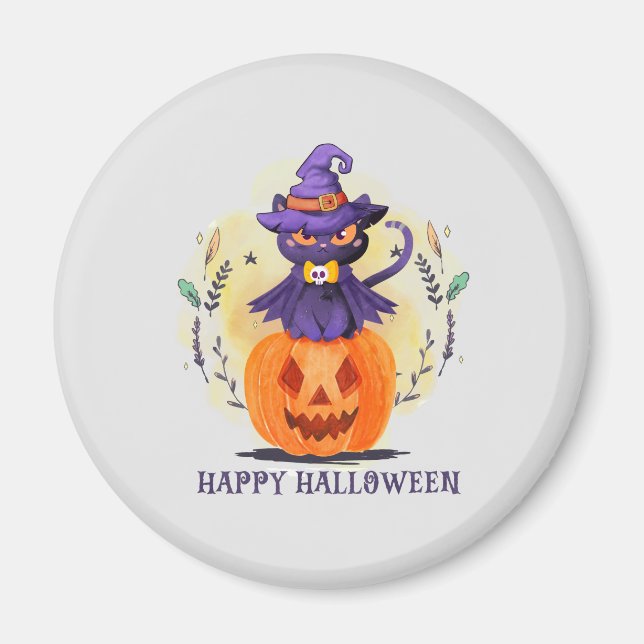 Imán Feliz Halloween - Gato negro de brujas (Frente)