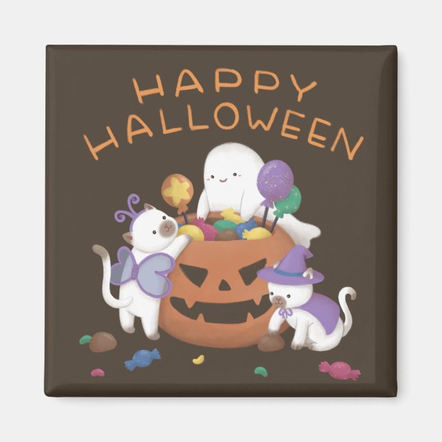Imán Feliz Halloween: gatos y fantasma (Frente)