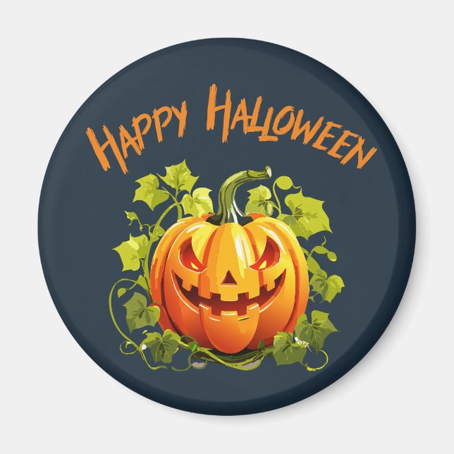 Imán Feliz Halloween Jack-O-Lantern en Vine (Frente)