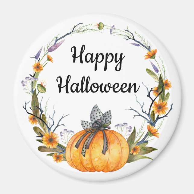 Imán Feliz Halloween Watercolor Calabaza Wreath (Frente)