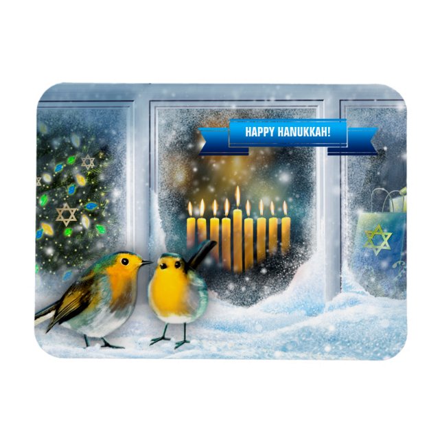 Imán Feliz Hanukkah. Escena de la ventana de nieve con  (Horizontal)