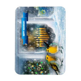 Imán Feliz Hanukkah. Escena de la ventana de nieve con 