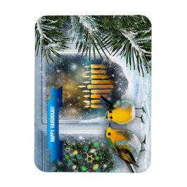 Imán Feliz Hanukkah. Escena de la ventana de nieve con 