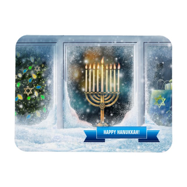 Imán Feliz Hanukkah. Escena de nieve con Menorah (Horizontal)